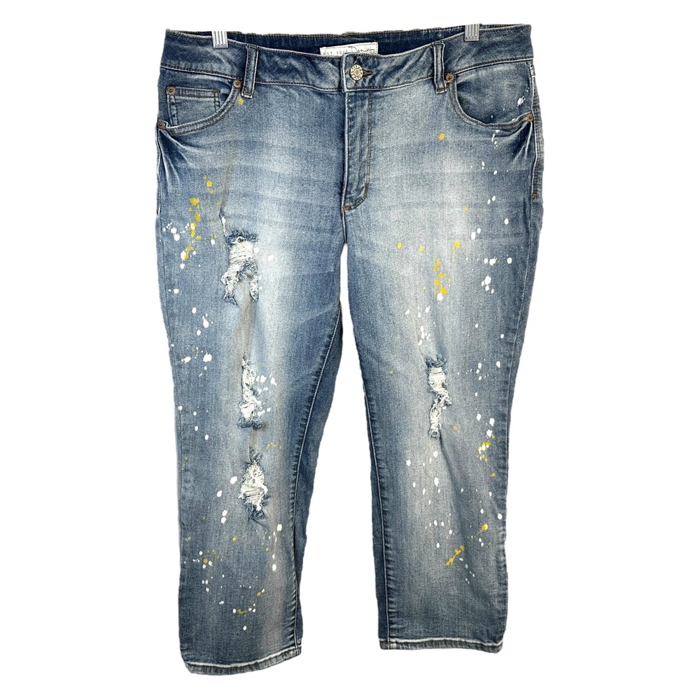 Cato Size 14 Capri Jeans Cropped‎ Blue Distressed Paint Splatter Mid Rise 1143
